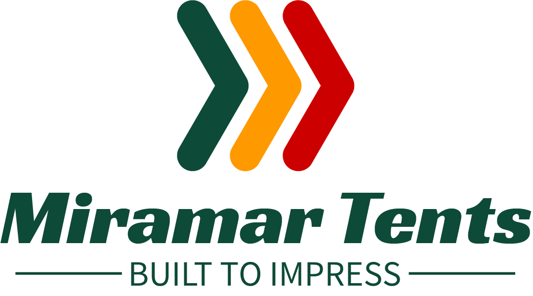 Logo of Miramar Tents with the tagline "Built to Impress" and three chevron arrows in green, orange, and red pointing to the right.