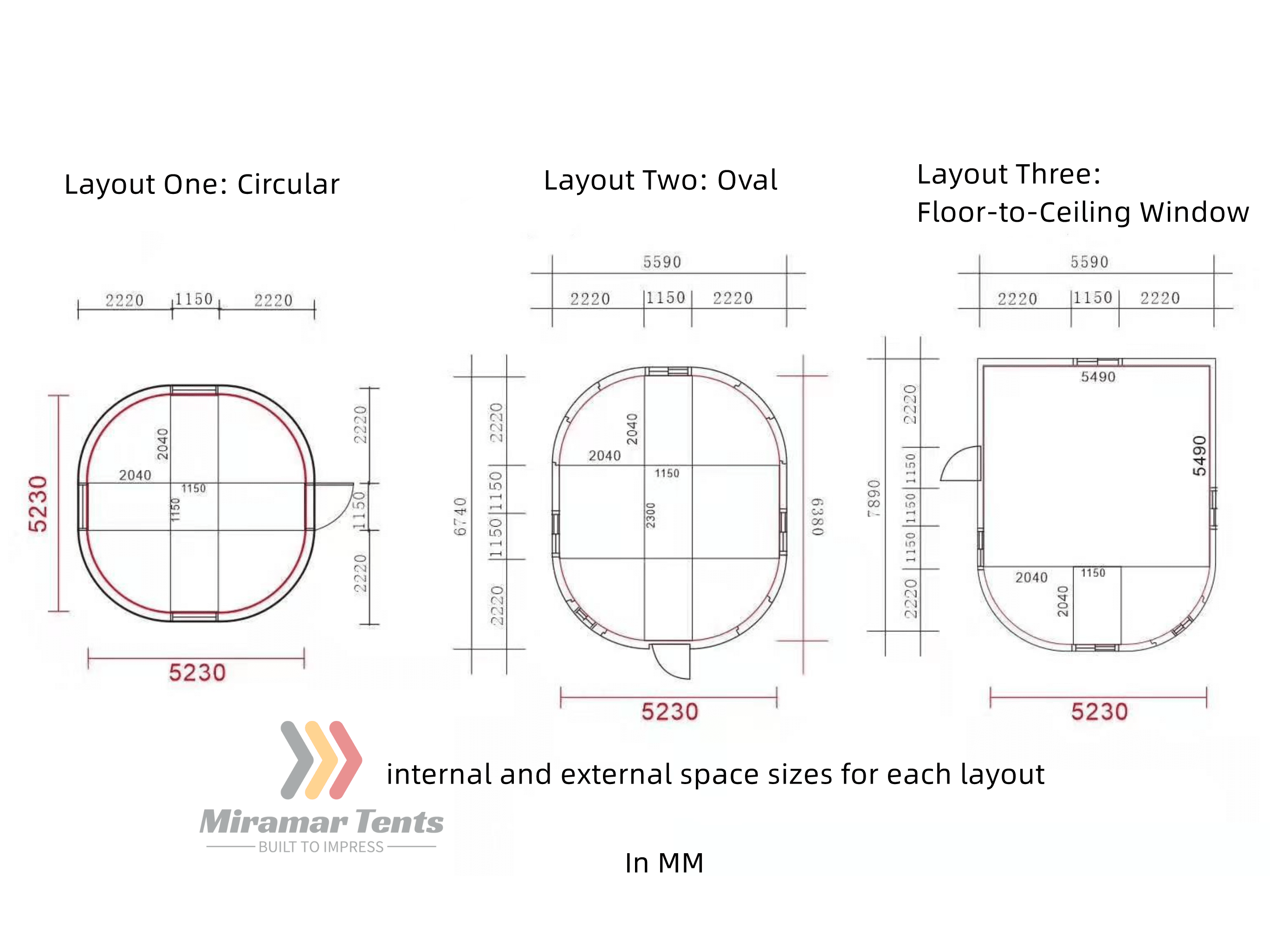 Technical diagrams showing three different internal spa layouts: circular, oval, and with a floor-to-ceiling window.