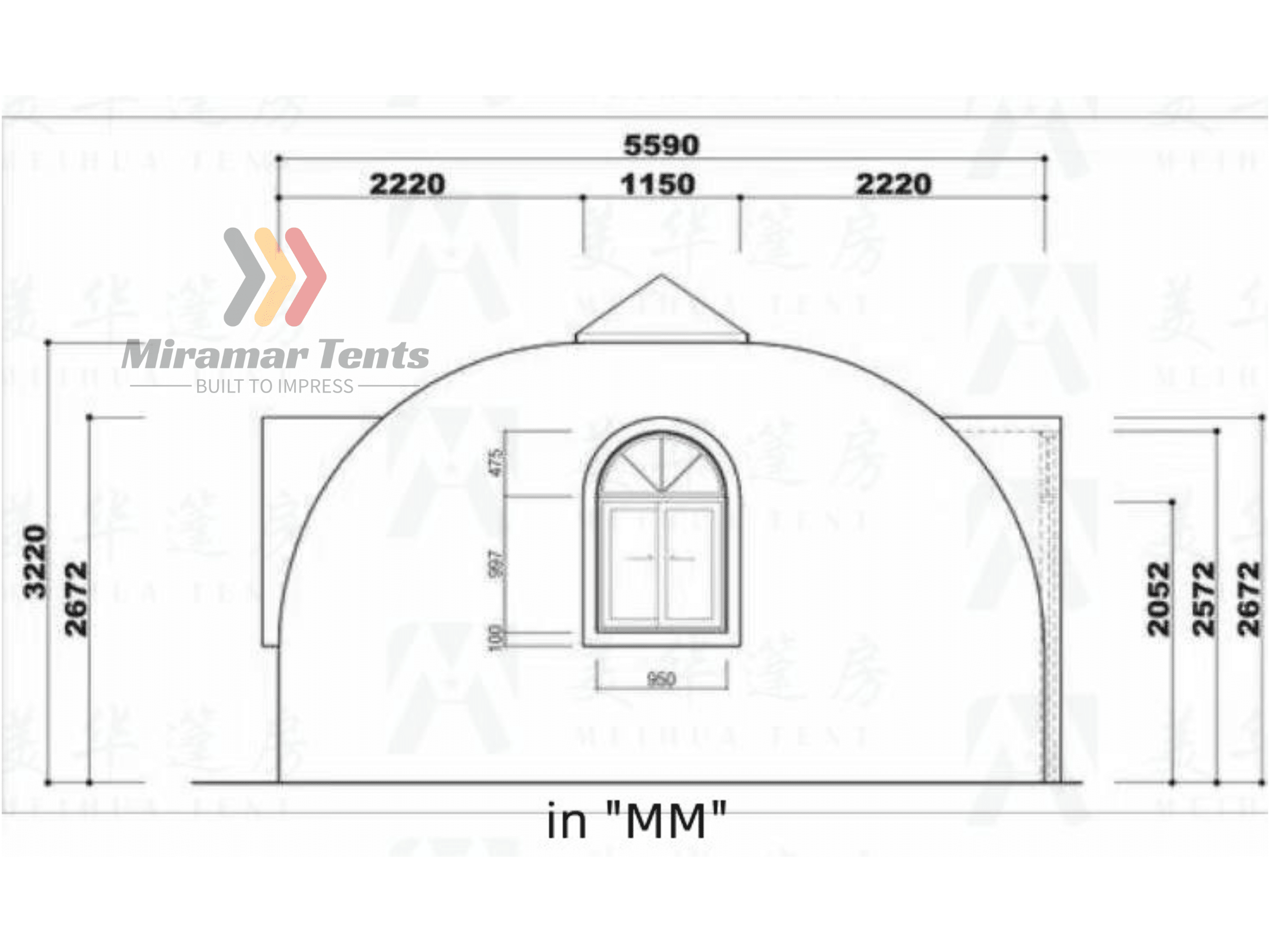 Architectural drawing of a tent with window and entrance, including dimension specifications in millimeters.