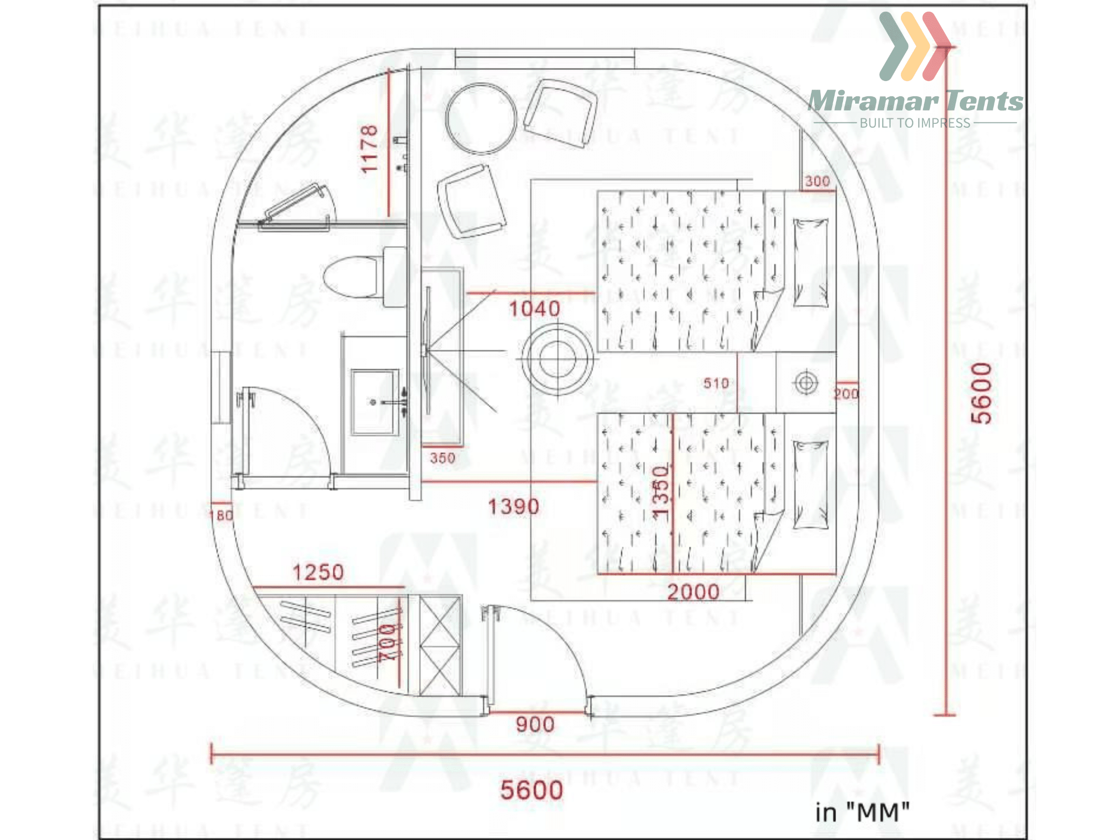 Architectural floor plan of a rounded building with measurements in millimeters.