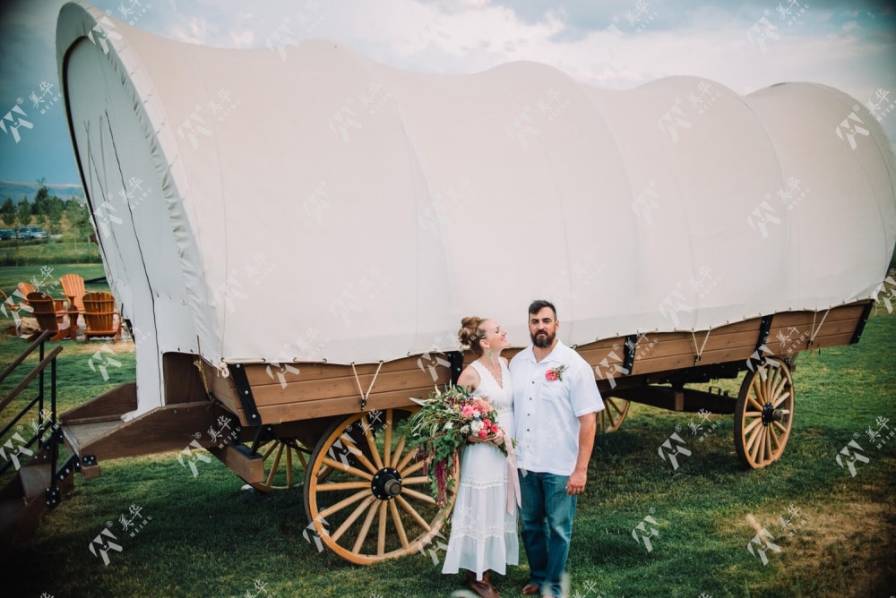 A couple stands in front of a covered wagon, reminiscent of a carriage, on a grassy field. The woman holds a bouquet of flowers.