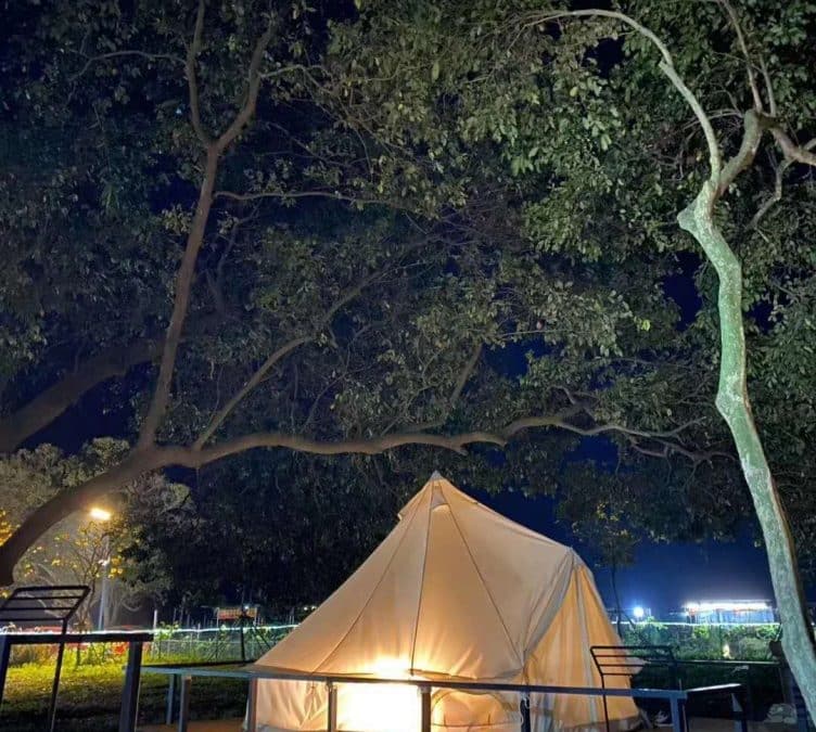 A canvas  Bell Tent  illuminated from within, set on a wooden platform under trees at night, with blurred lights in the background.