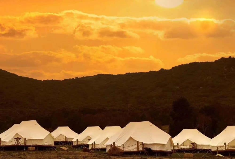 Bell Tent roster in a valley at sunset with the sun visible above a mountainous horizon.