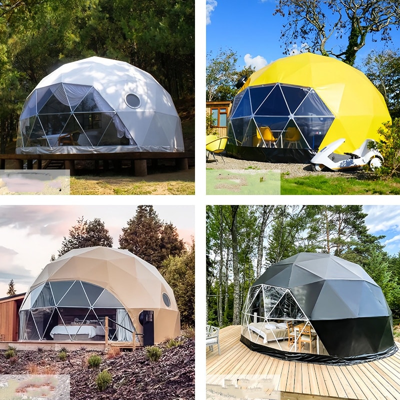 Four colorful geodesic domes set in various outdoor environments, each with unique designs and private surroundings, showcasing a combination of nature and innovative architectural concepts.