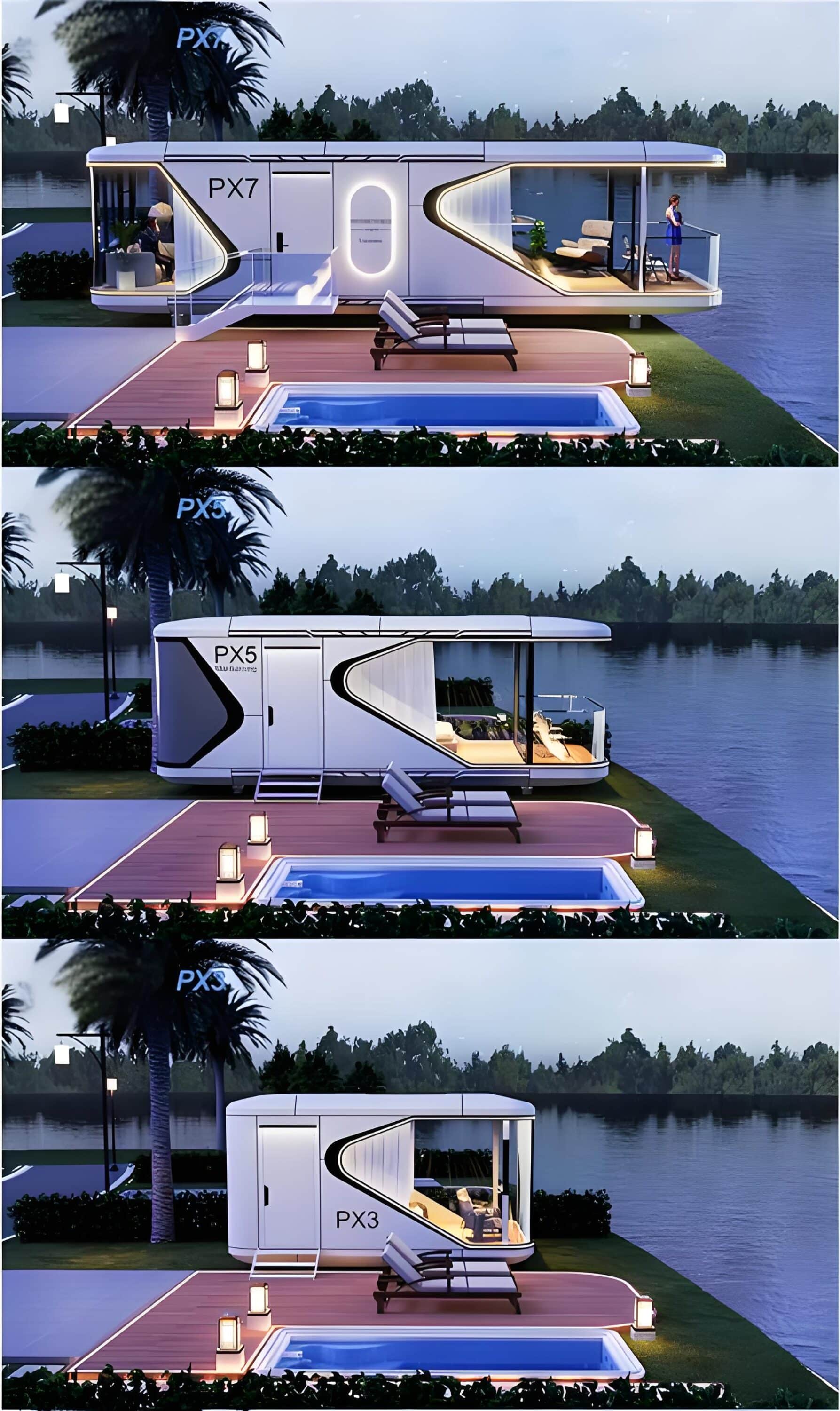 Three modern, minimalist pods labeled PX7, PX5, and PX3 are situated lakeside with loungers, a pool, and a pier in a serene, nocturnal setting surrounded by trees and water.