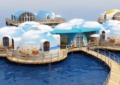 Image of an interconnected, dome-shaped floating resort on water, with colorful sky and seashell murals. People are seen walking on the connecting boardwalks.