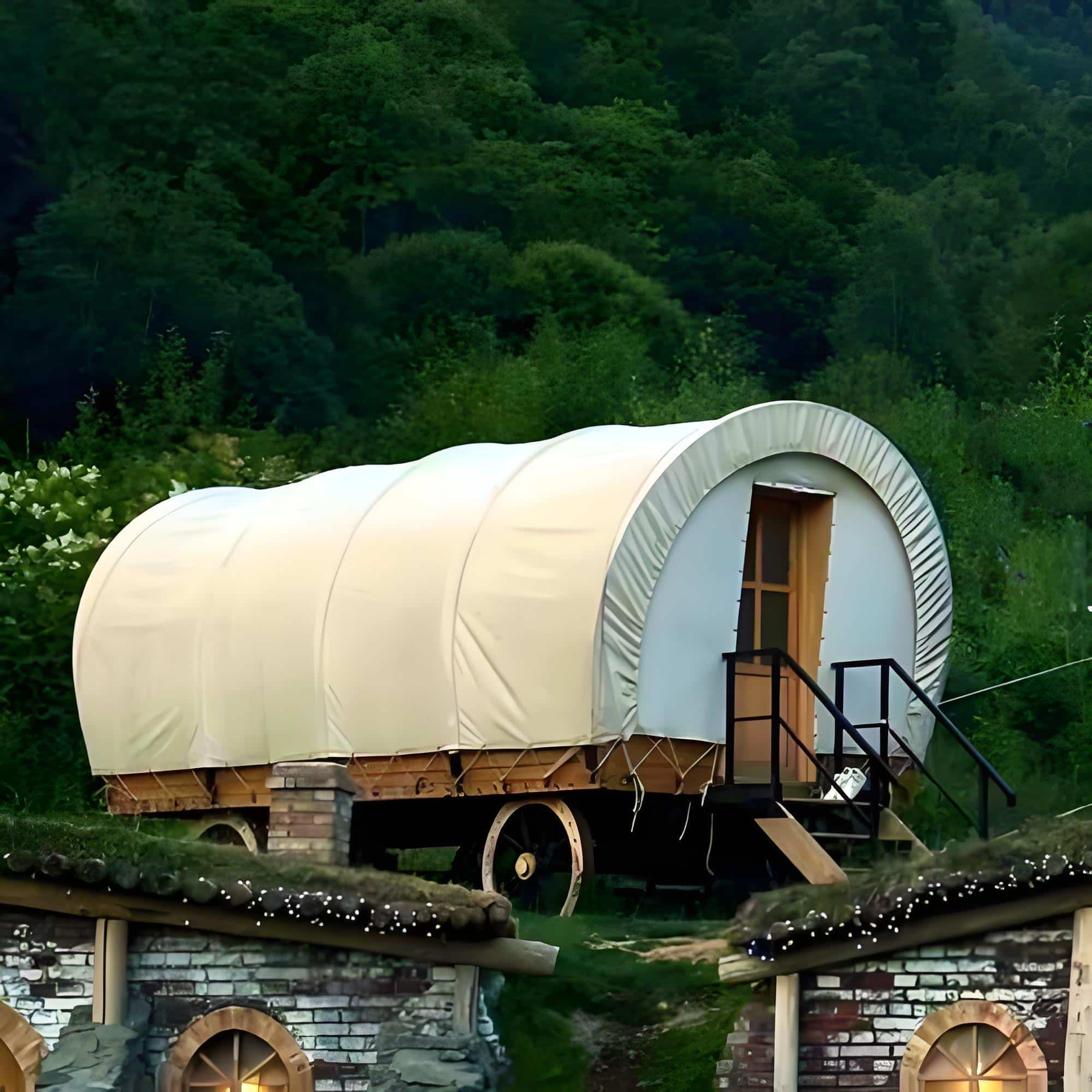 A covered wagon with a white canvas top is parked on a grassy hill, surrounded by trees and foliage. Steps lead up to a door at the rear of the wagon.