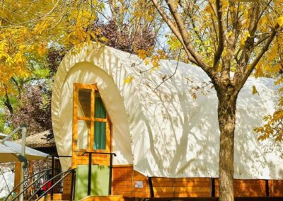 A small wooden cabin with a curved, white canvas roof is surrounded by trees with yellow leaves. Steps lead up to the entrance of the cabin.