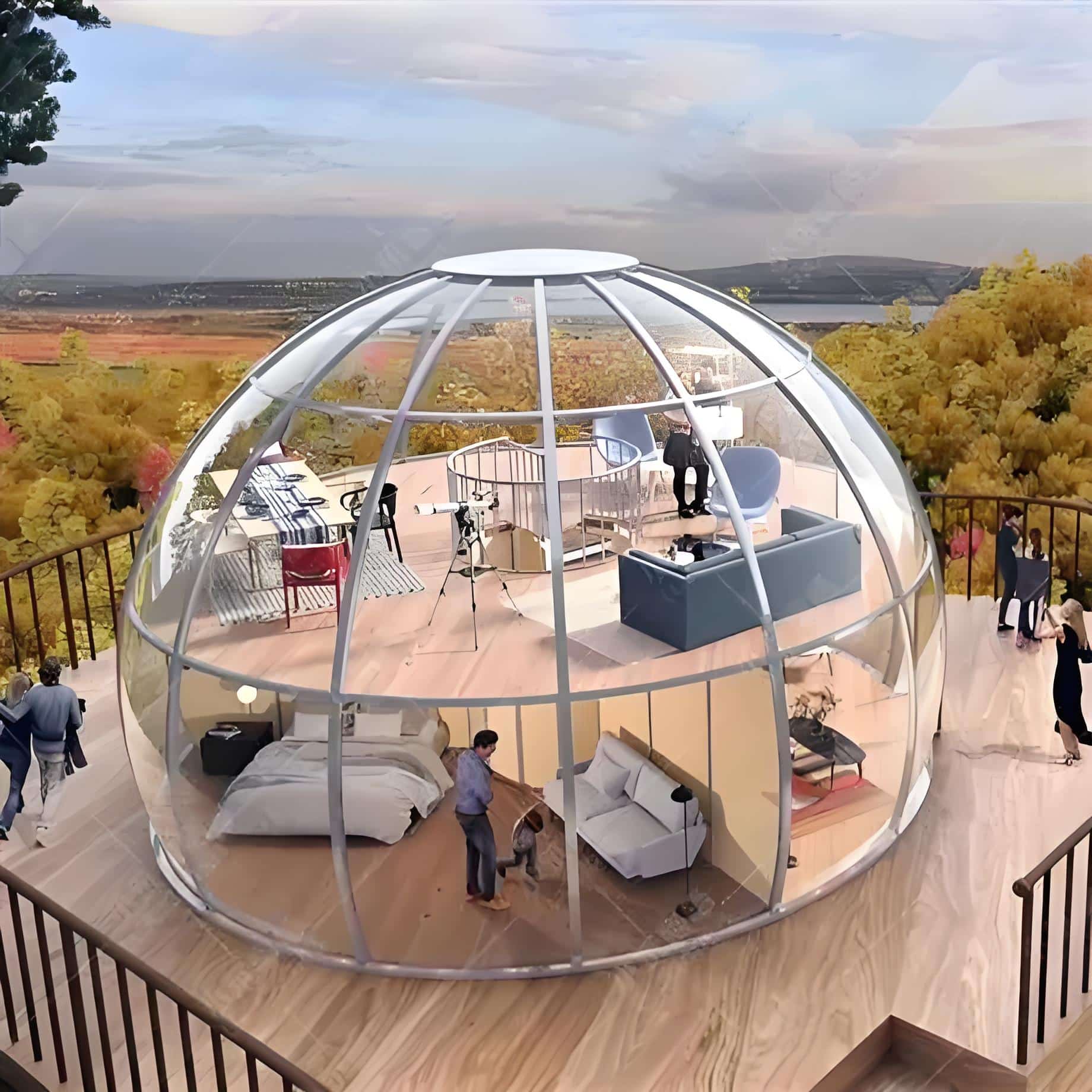 A transparent geodesic dome on a wooden deck houses a living area, bedroom, workspace, and telescope. People and a dog are inside. The background features an autumn landscape and a lake.