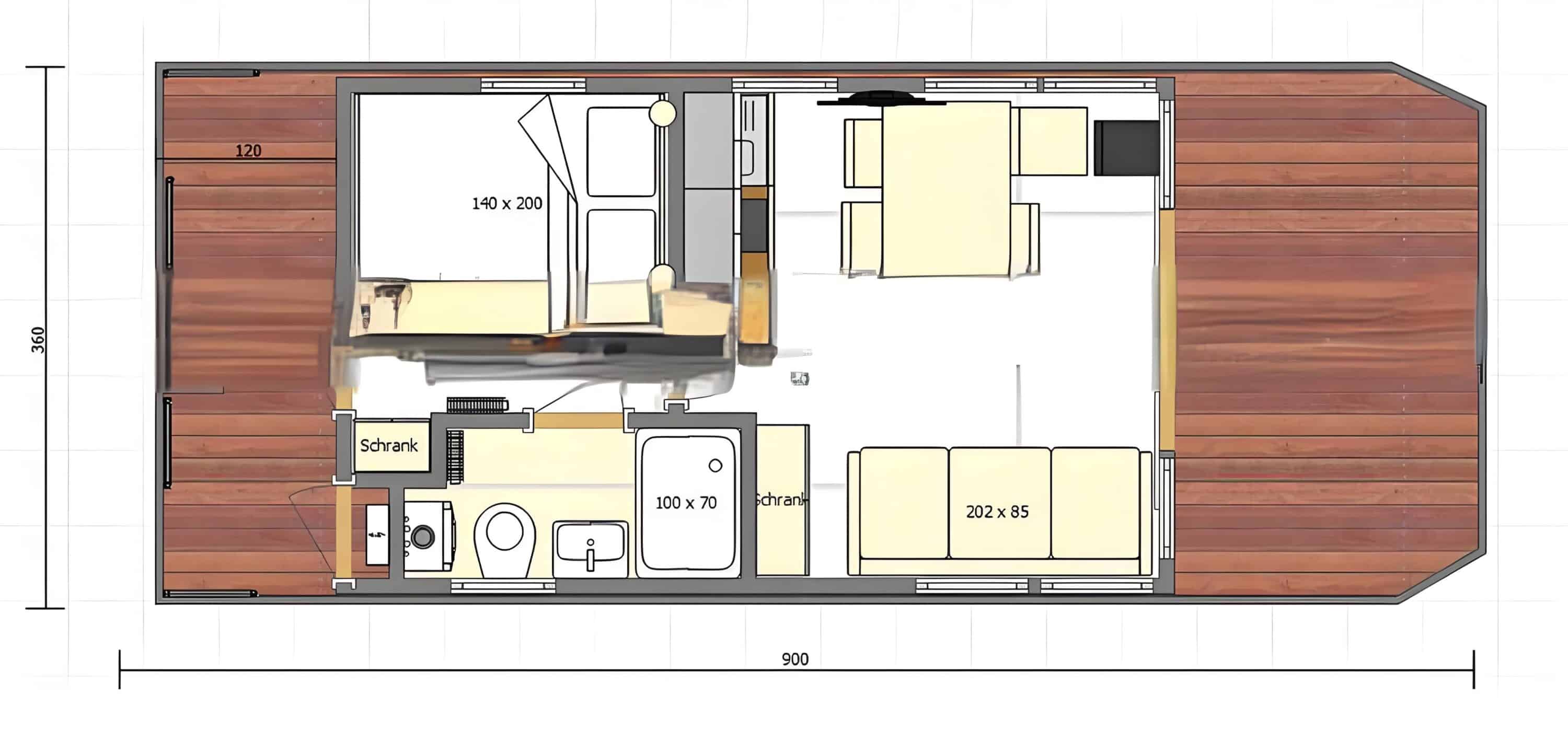 A floor plan of a compact living space with labeled areas including a bed, sofa, kitchen, bathroom, and storage. The plan measures 900 cm in length and 340 cm in width.