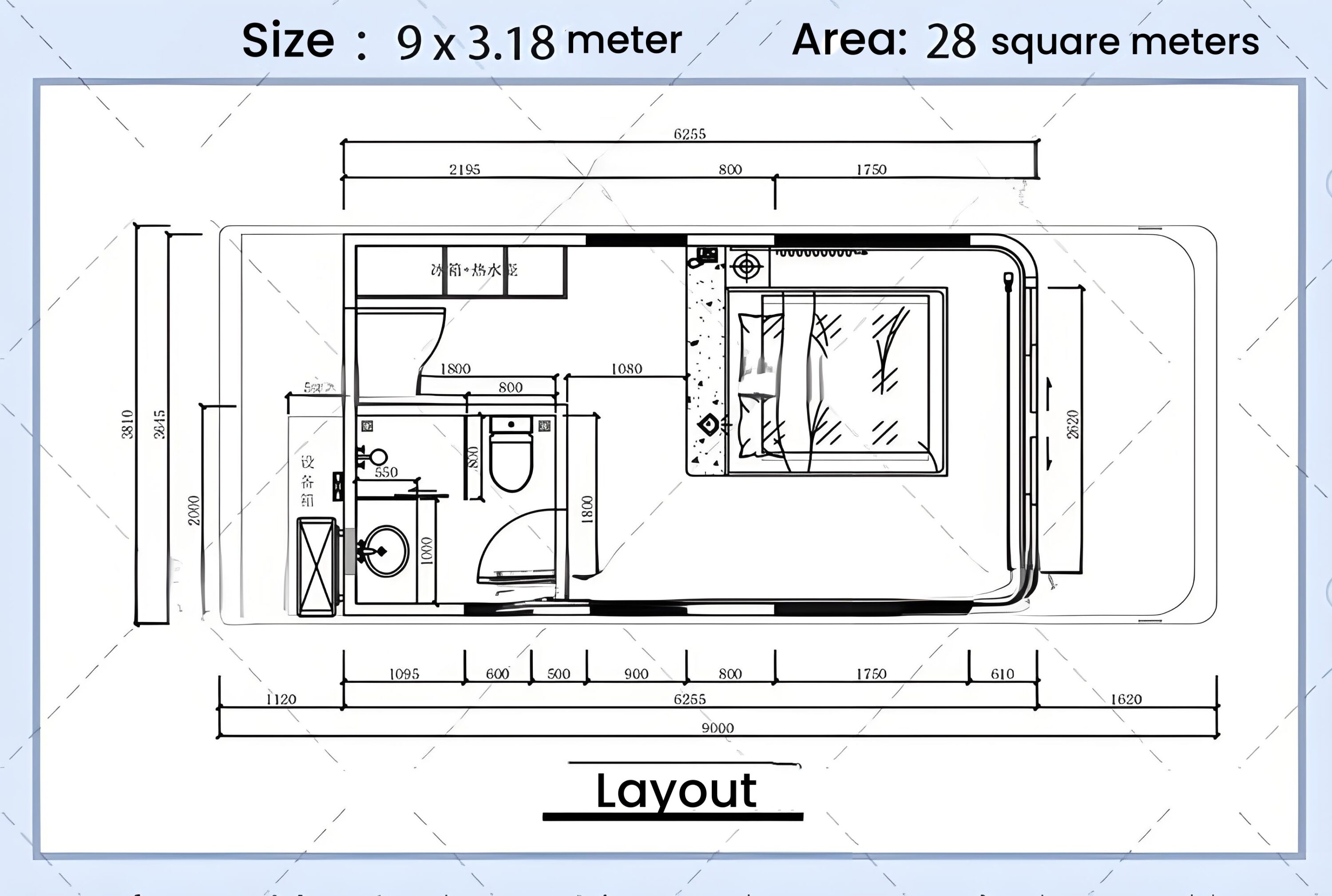 A floor plan of a 9 by 3.18 meter room with an area of 28 square meters, featuring a bed, bathroom, and kitchen area.