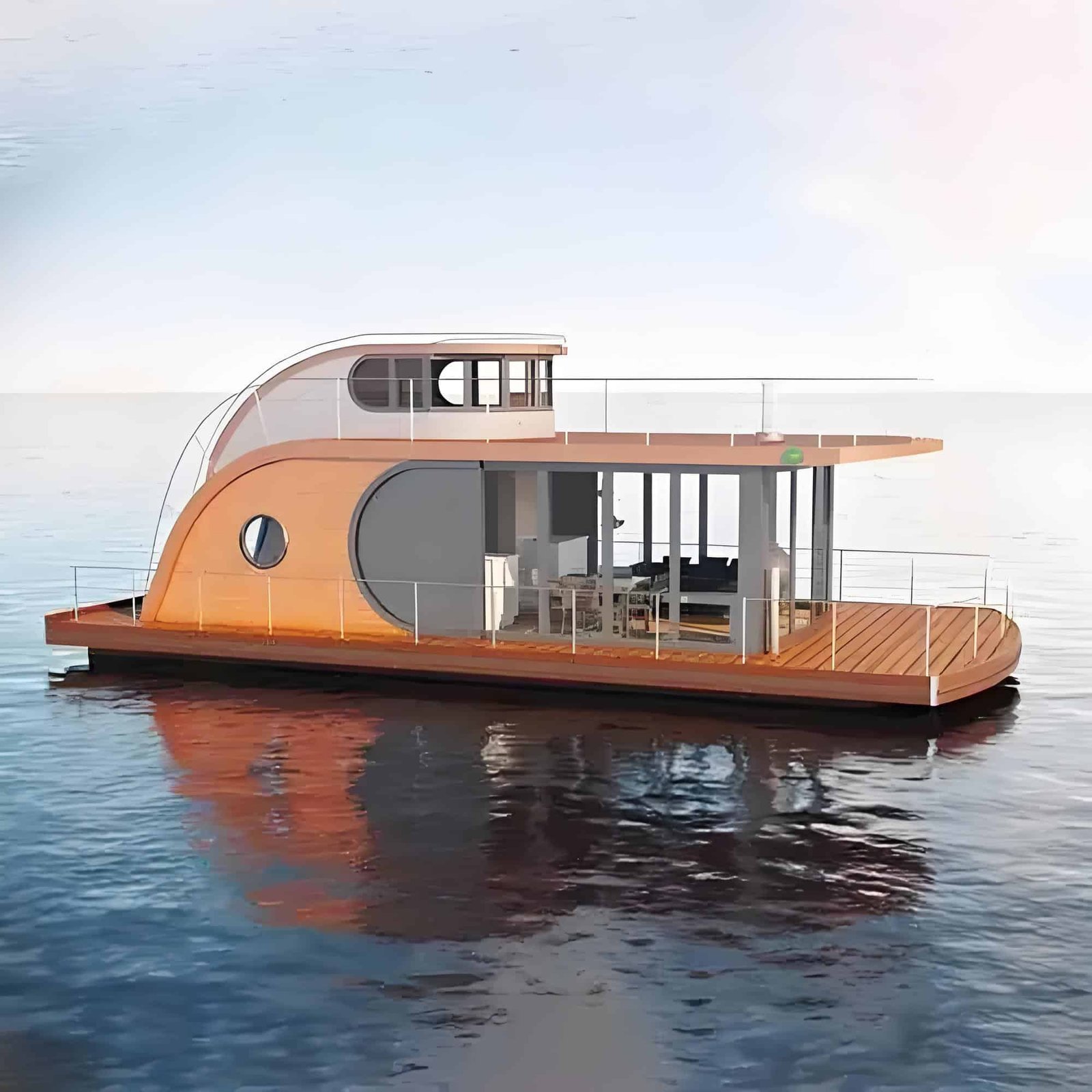 A modern houseboat with sleek design floats on calm water; it features large windows, a curved roof, and an open deck area.