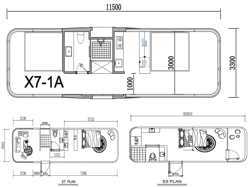 Blueprint showing the layout and dimensions of a modular unit named X7-1A. Includes detailed measurements and labeled sections for bathroom, kitchen, and other utilities with two perspectives (E7 and E5).