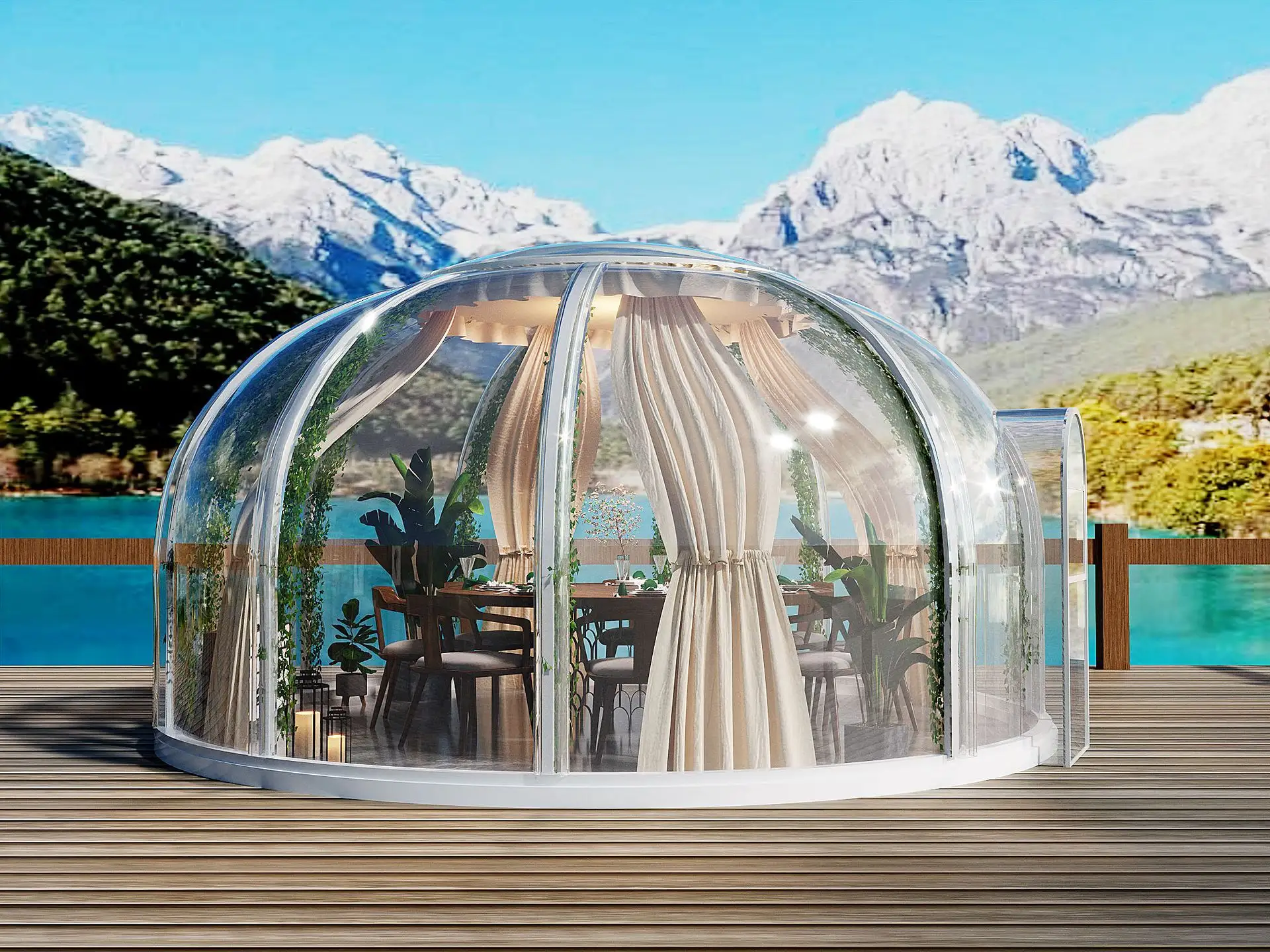 A transparent geodesic dome sits on a wooden deck, with a dining table inside and mountainous scenery in the background.