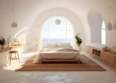 A bright, minimalist bedroom with a large arched window, white walls, a double bed, wooden furniture, plants, and sunlight streaming in.