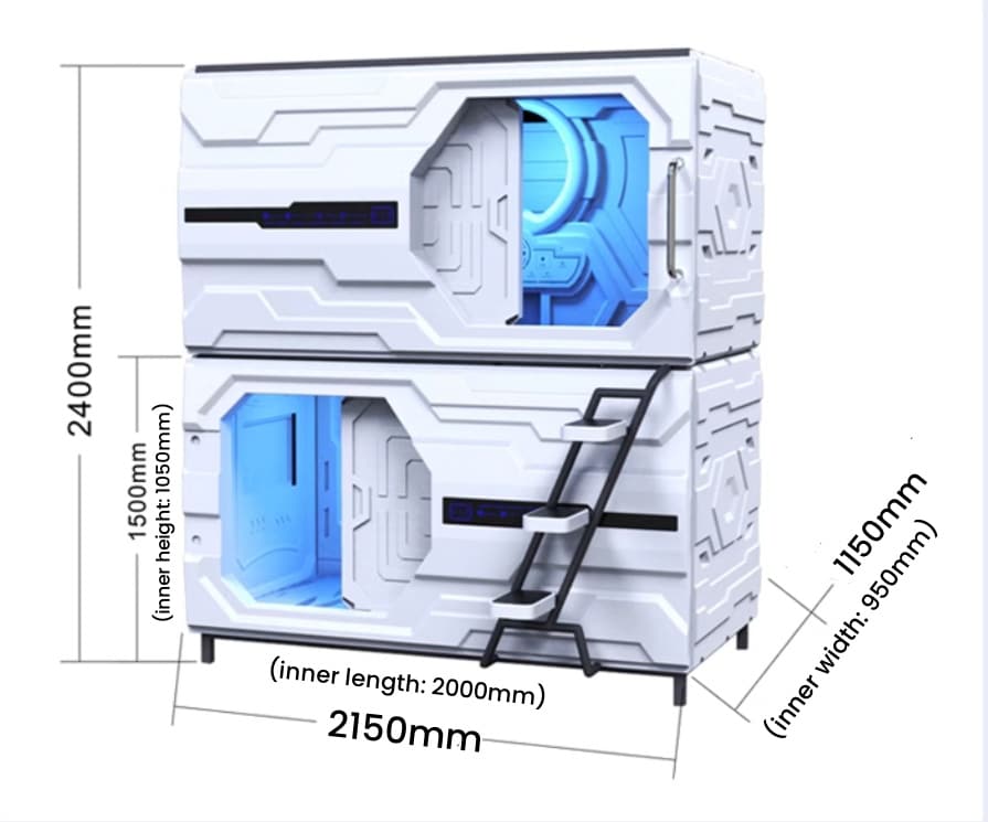 Two Stacked Futuristic Sleeping Pods With Blue Interior Lighting. Dimensions Labeled: 2400mm Height, 2150mm Length, 1150mm Width, 1105mm Interior Height, And 950mm Interior Width. Ladder Attached.