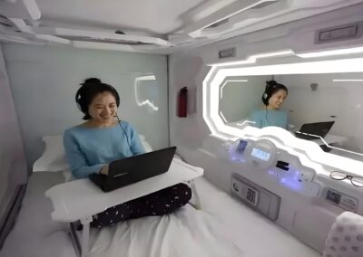 Person Sitting In A Futuristic Capsule Pod Wearing Headphones, Using A Laptop On A Tray Table, With A Mirrored Wall Reflecting The Scene.