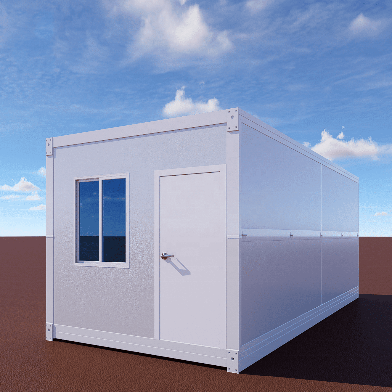 White Rectangular Modular Building With A Door And Window On A Brown Ground Under Blue Sky With Clouds.