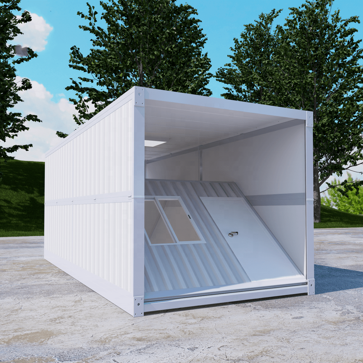 White foldable Container With An Open Side And Angled Window, Situated Outdoors On A Concrete Surface With Trees In The Background.