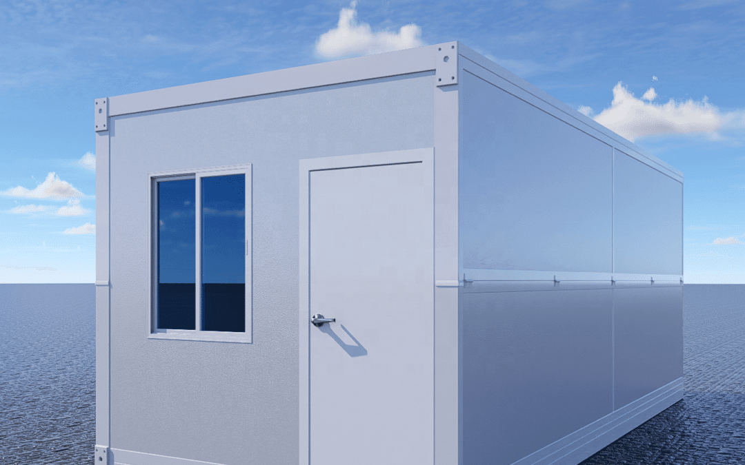 A sleek white container house with a modular design features a door and window, standing gracefully on textured ground under a blue sky dotted with clouds.