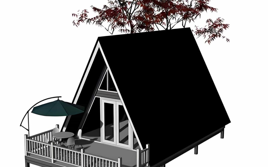 A Frame Cabin With A Deck, Featuring A Patio Table And Umbrella. A Tree Grows Through The Roof.