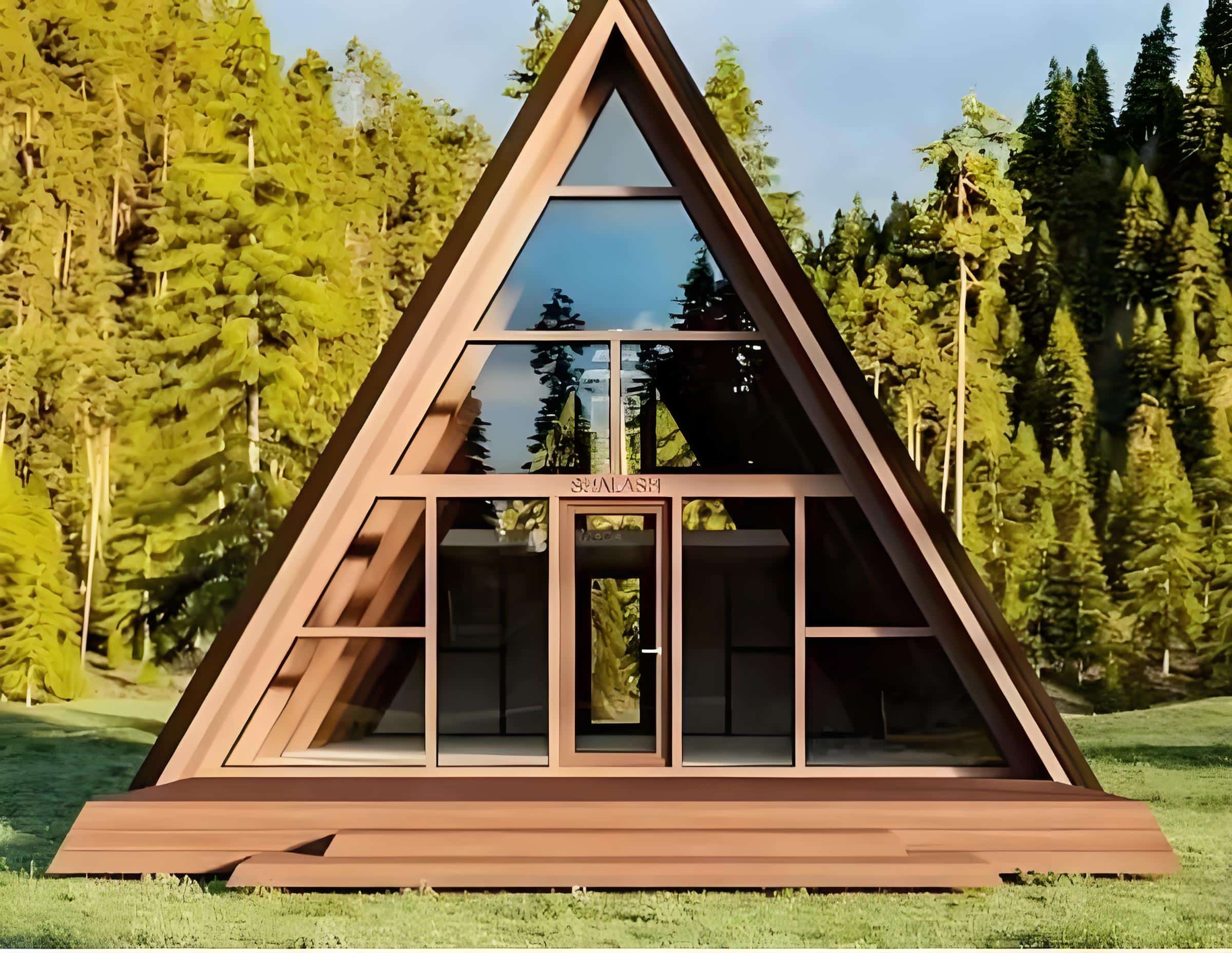 A Frame Cabin In A Forest Setting With Large Glass Windows And A Wooden Deck. Trees And Blue Sky Are Visible In The Background.