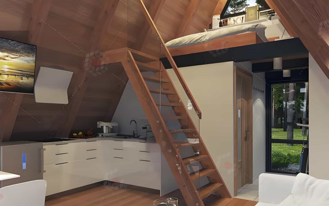 A Cozy Loft Style Cabin Interior Featuring Wooden Beams, A Staircase To A Loft Bed, A Kitchenette, And A Small Living Area With A White Sofa And Table. A Window Shows A Forest View.