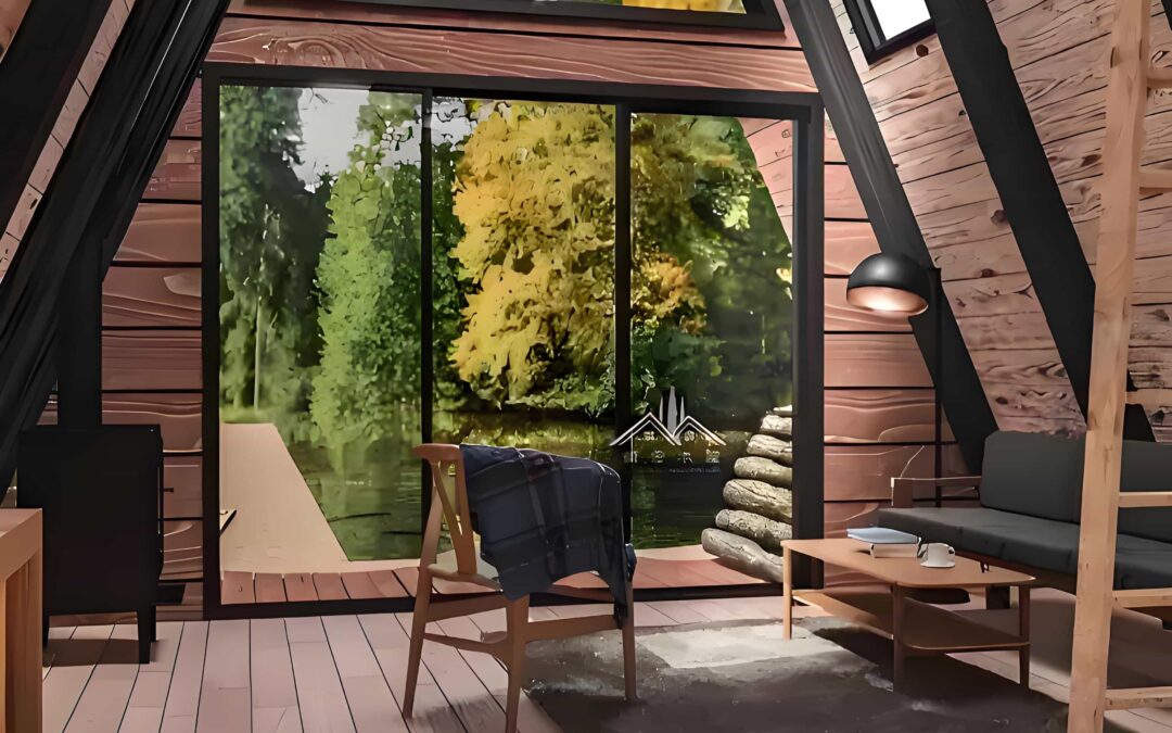 A Frame Cabin Interior With Wooden Walls And Floors. Features A View Of Trees Through A Large Triangular Window, A Cozy Chair, A Small Table, And A Lamp. Wood Logs Stacked By The Fireplace.