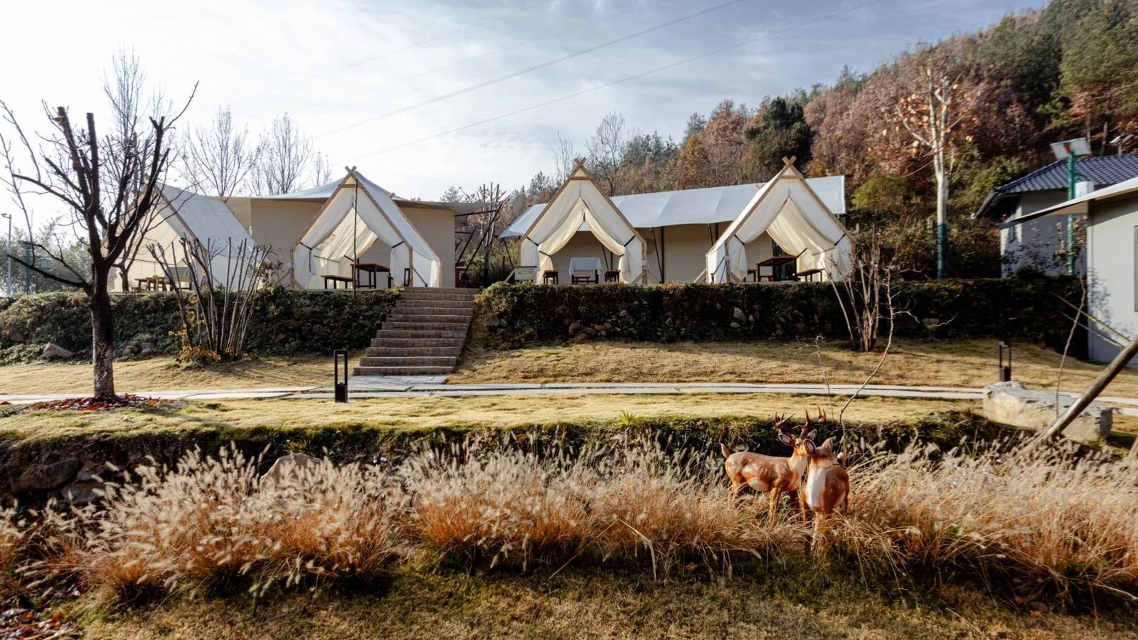 Three white glamping tents are set on a grassy hillside with outdoor seating, surrounded by trees and tall grass, with two deer statues in the foreground.