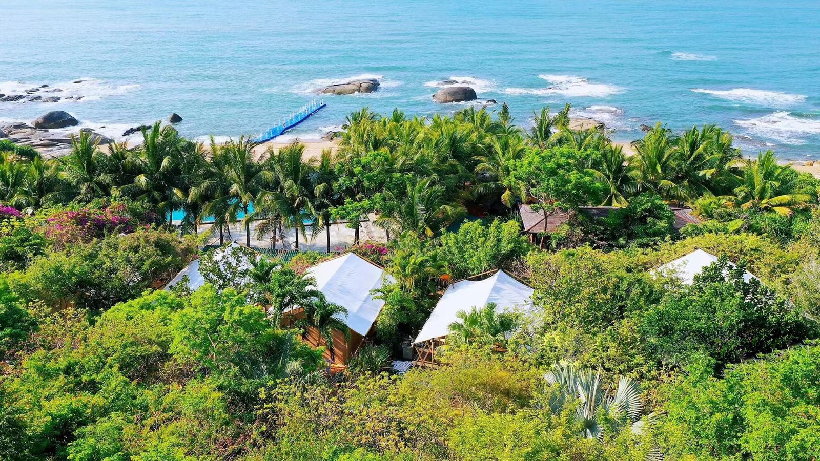 Aerial view of white tents surrounded by lush greenery near a sandy beach with palm trees and turquoise ocean waves.