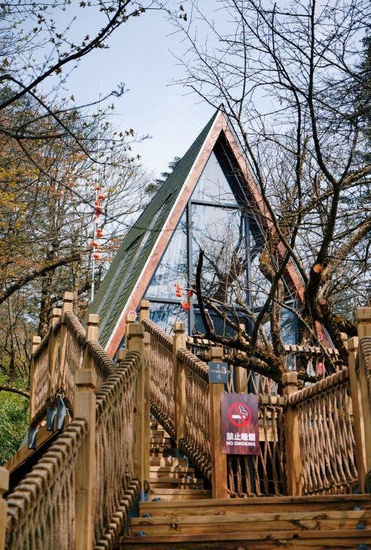 A wooden staircase leads up to an a frame building surrounded by trees; a sign on the stairs indicates no smoking.