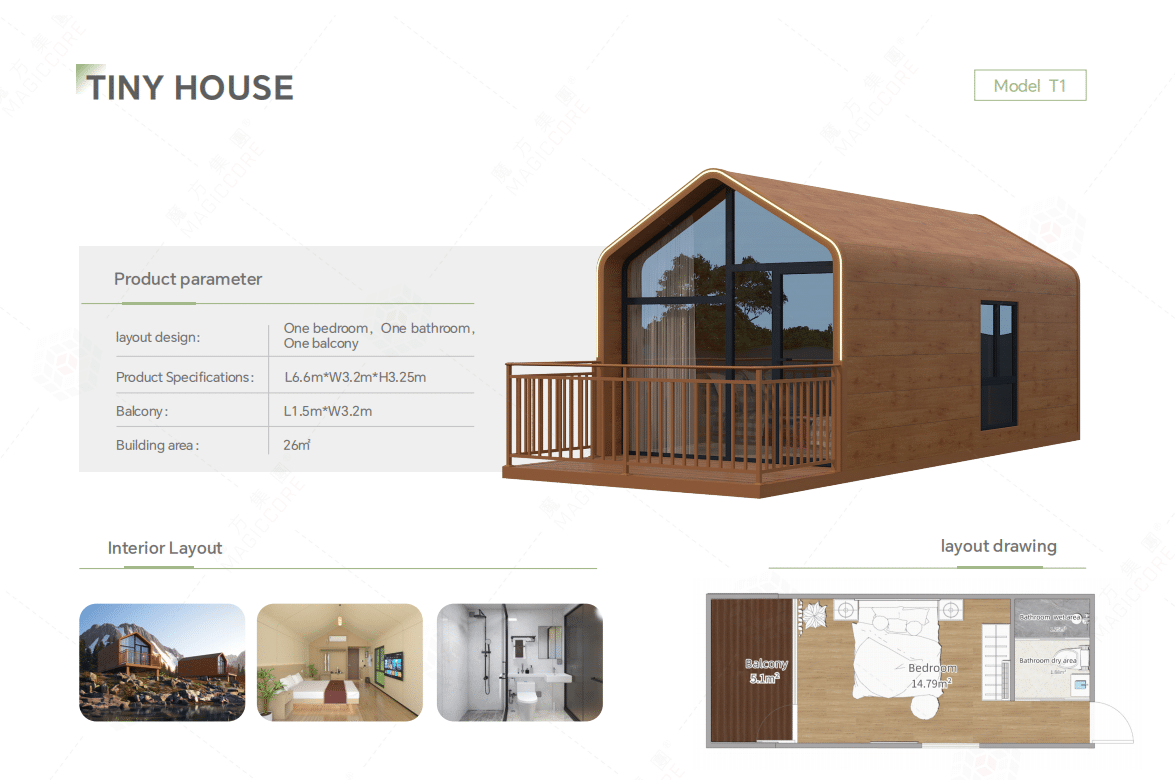 A modern tiny house model t1 with a wood exterior, front balcony, and layout details including one bedroom, one bathroom, and one balcony shown with interior and floor plan images.