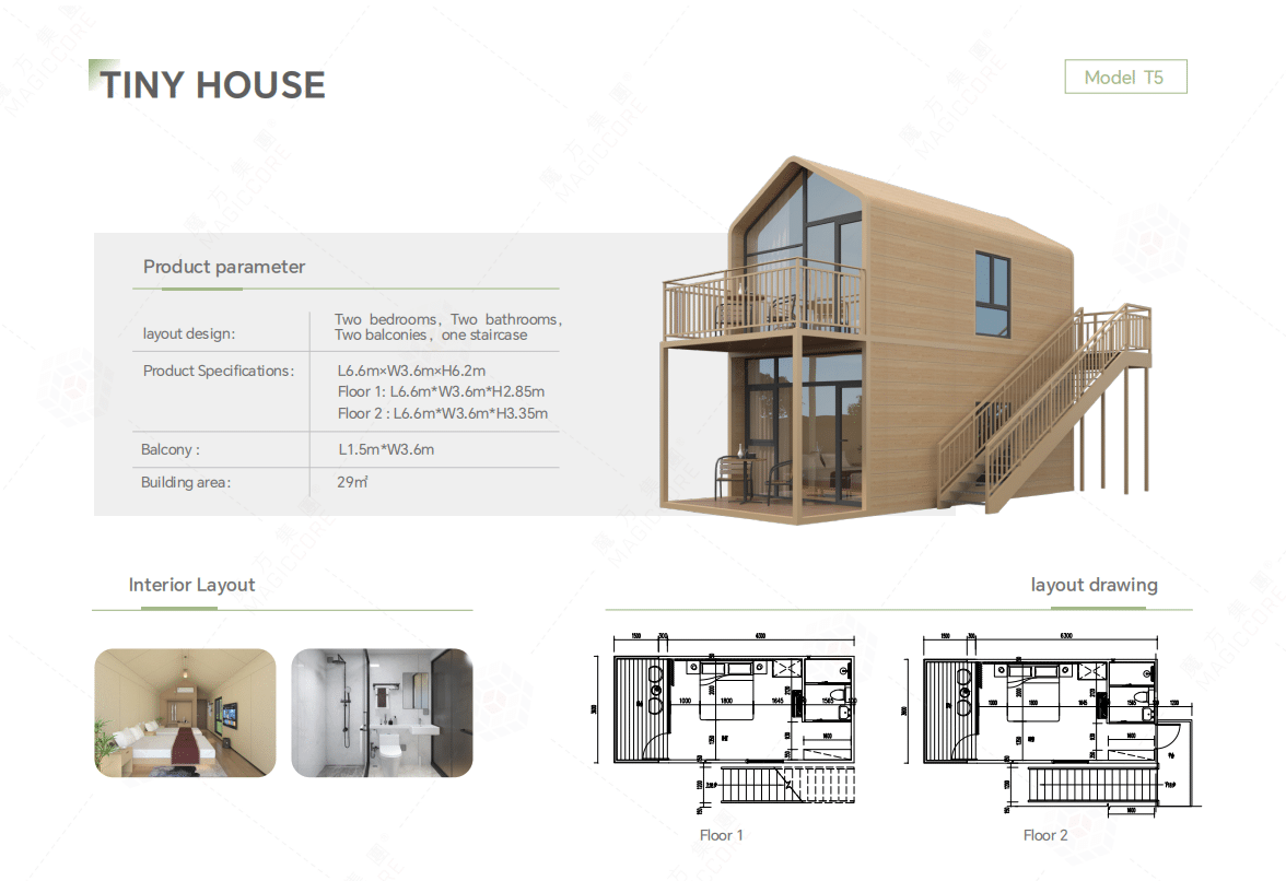 3d render of a two story tiny house with exterior stairs, product parameters listed, interior photos, and floor plans for both floors shown below.