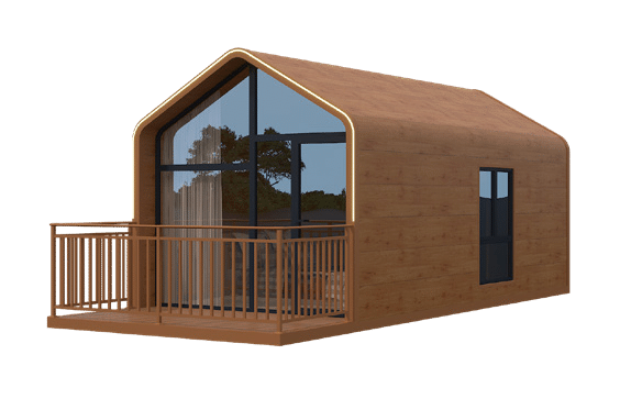 A small modern wooden cabin with large front windows, a glass door, and a wooden deck railing, viewed from an angle against a black background.