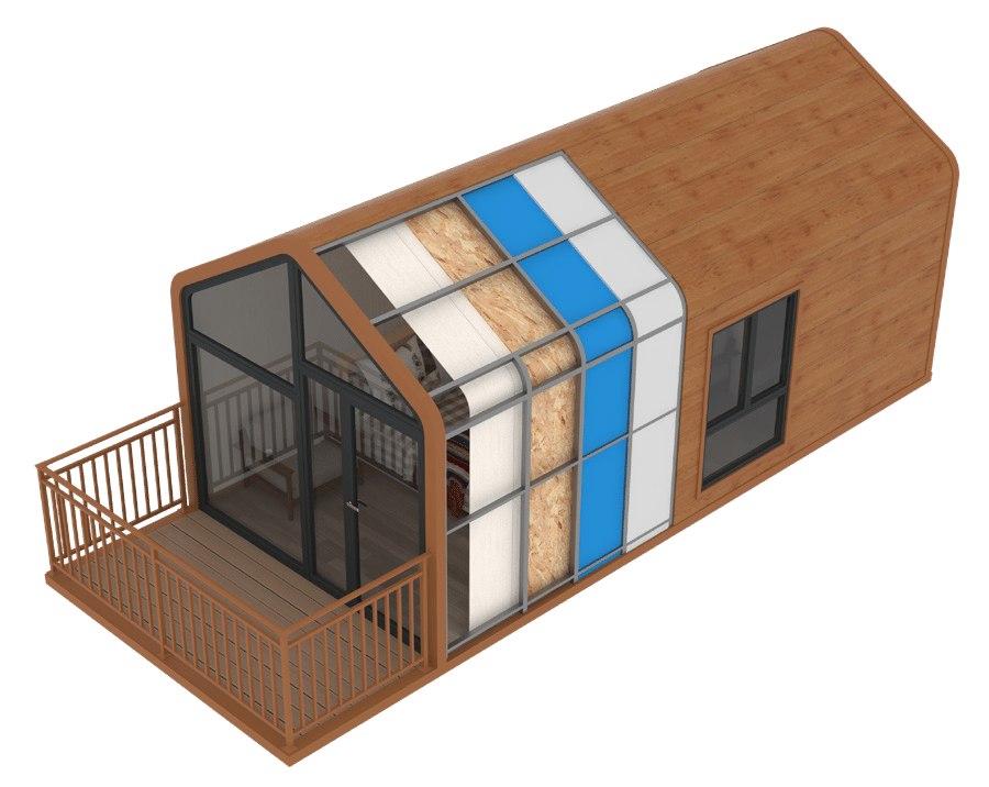 A small, modern tiny house with wood exterior, large windows, and a section of curved, translucent roof panels in white and blue, attached to a wooden deck.