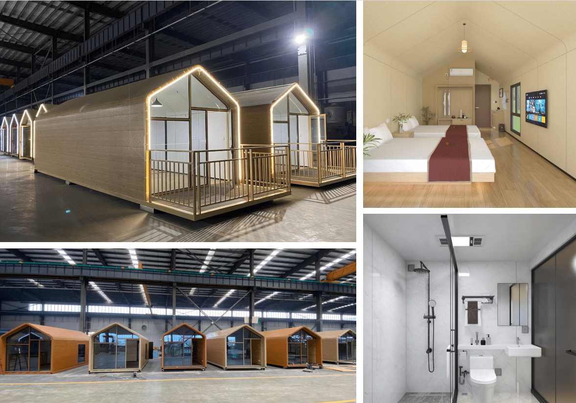 Collage showing prefabricated tiny homes: exterior views in a warehouse, and interior views of a bedroom with two beds and a modern bathroom with shower.